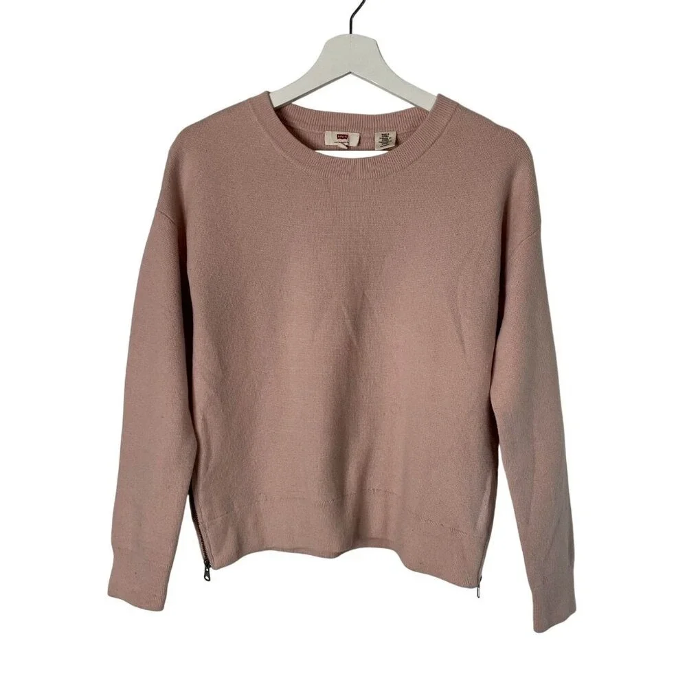 Levi's‎ Sweater Womens XS Pink Blush Crewneck Side Zip Knit Pullover Balletcore